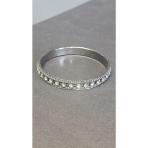 Silver Tone Rhinestone Bangle Bracelet Womens Slip On Costume Jewelry 8.2in